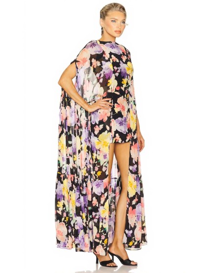 Elegant Floral Print Sheer Cape High-Low Mini Dress