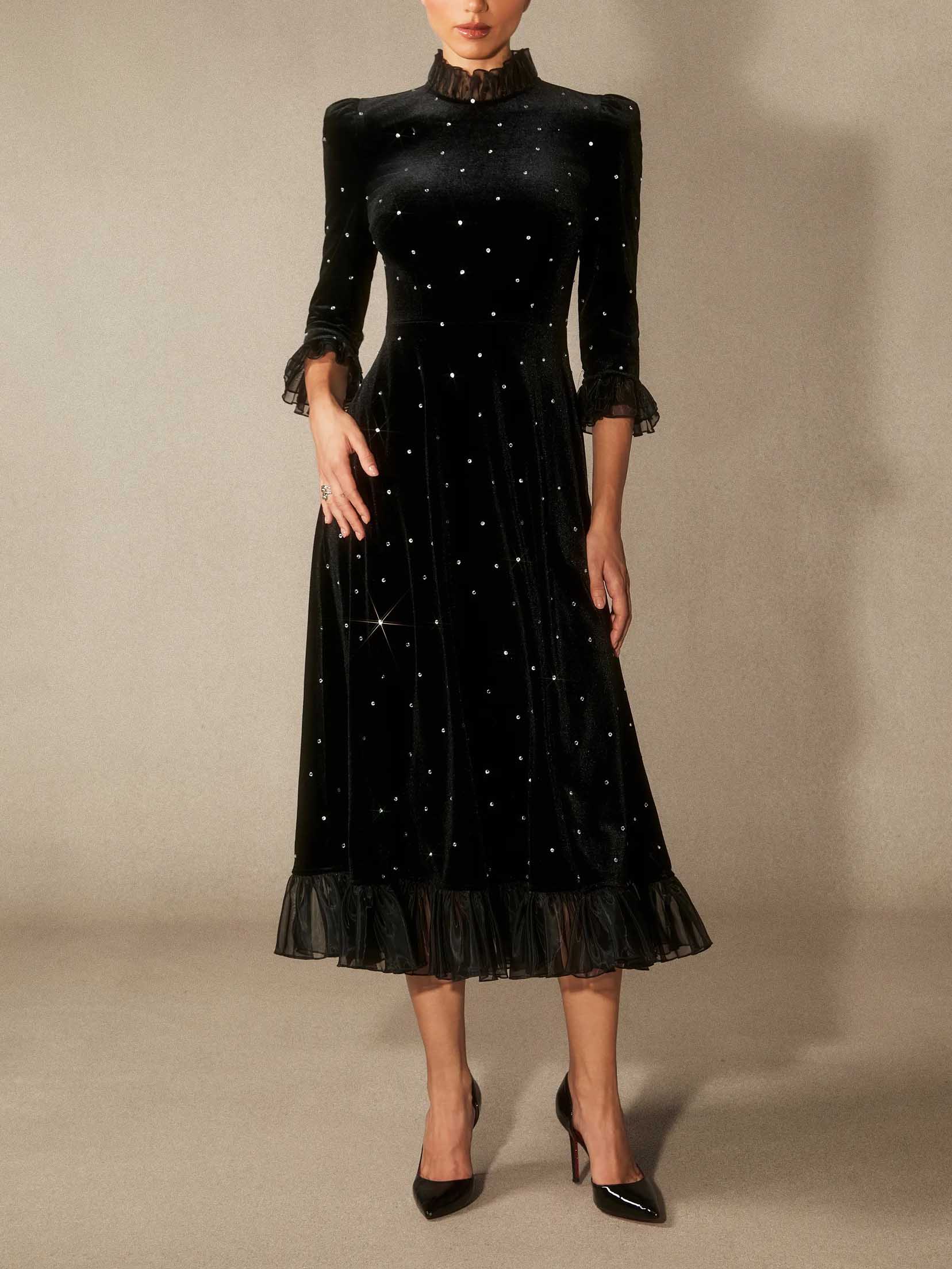 Exquisite Velvet Rhinestone Midi Dress