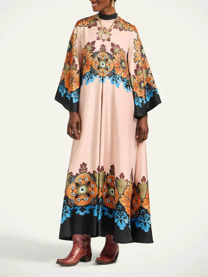 Exquisite Floral Print V-Neck Loose-Fit Maxi Dress