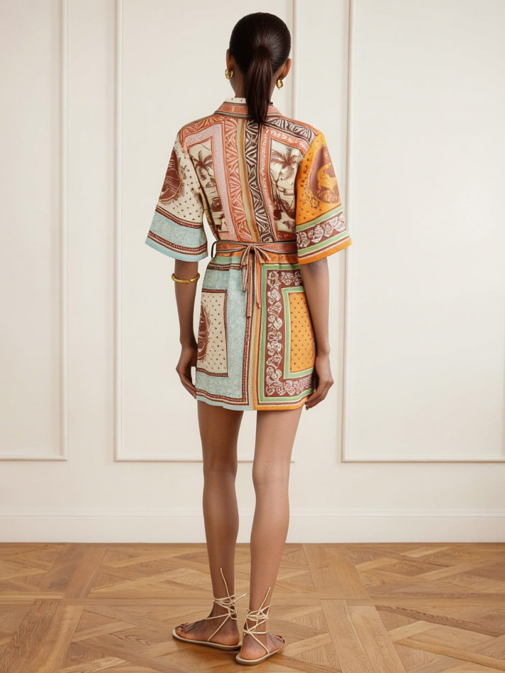 Retro Scarf Print Short-sleeved Tie-front Shirt Dress