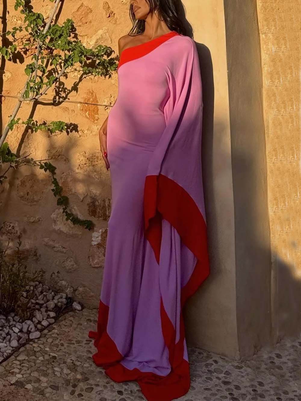 Exquisite One-Shoulder Colorblock Draped Maxi Dress