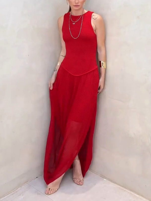 Unique Split-hem Cutout Knit Sleeveless Maxi Dress