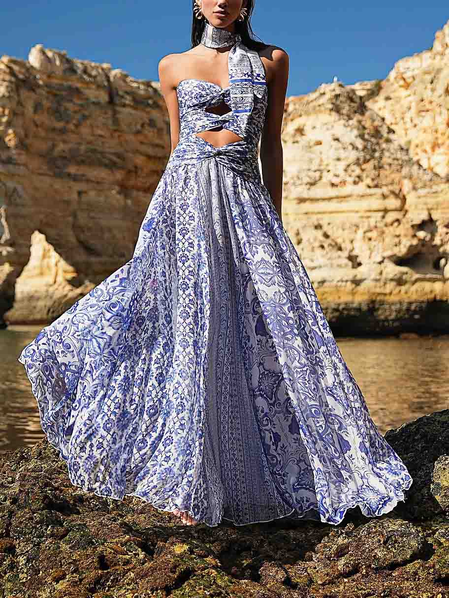 Elegant Blue Porcelain Print Cutout Maxi Dress