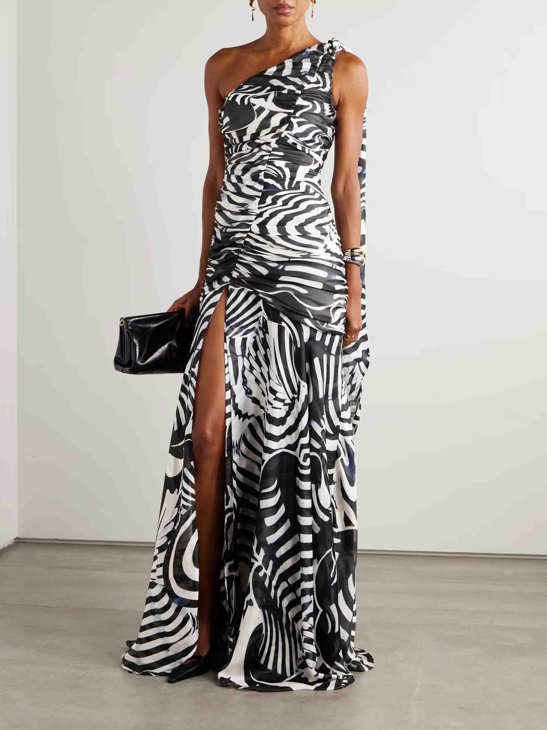 One-shoulder Animal Print Chiffon Flowy Maxi Dress