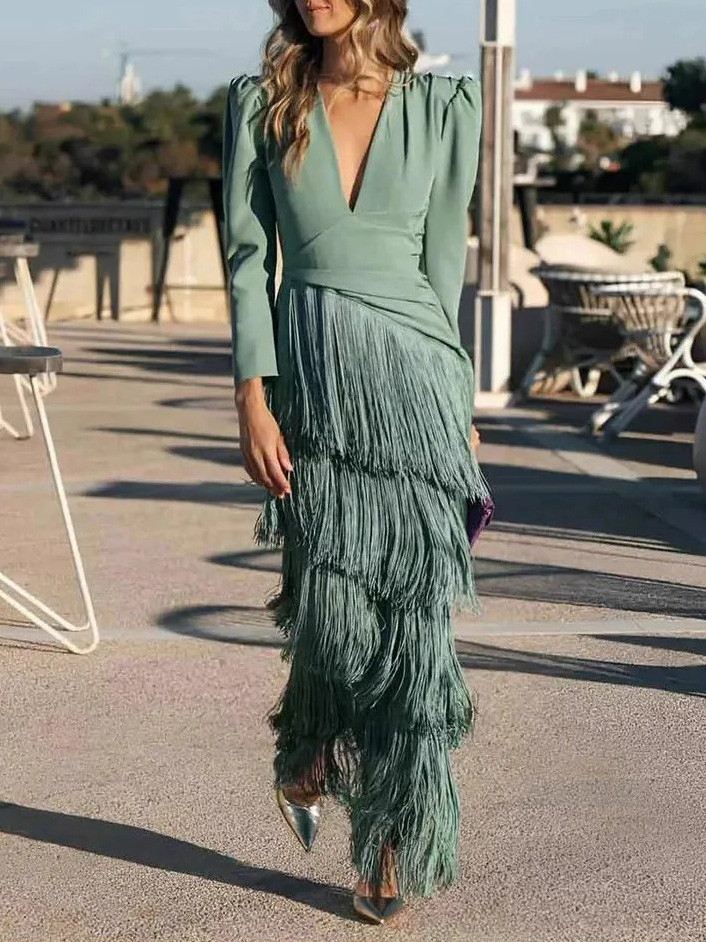 Elegant Tassel V-Neck Long Sleeve Maxi Dress