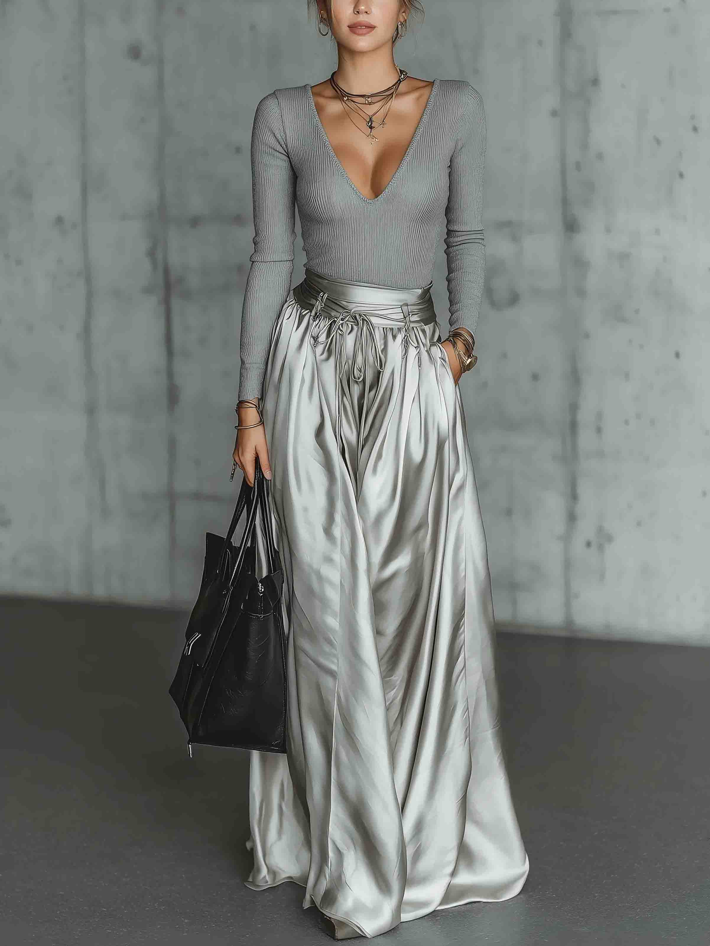Modern Ribbed Top & Metallic Maxi Skirt Set