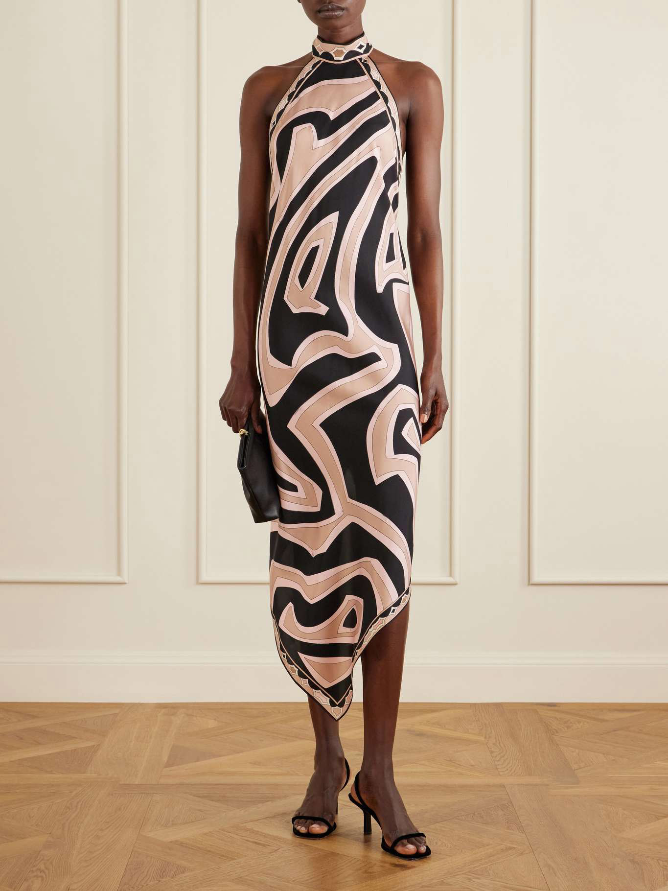 Elegant Geometric Print Halter Neck Satin Midi Dress