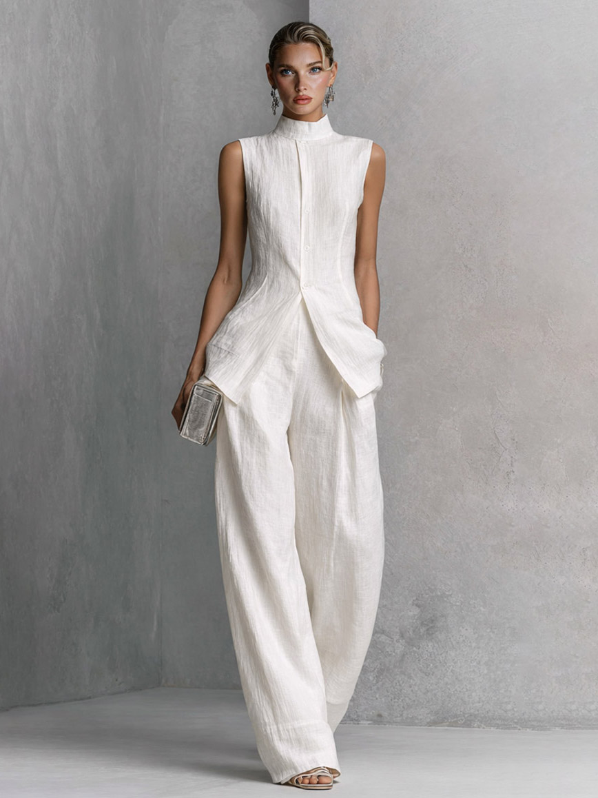 Minimalist Sleeveless High-Neck Top & Wide Leg Pants Set
