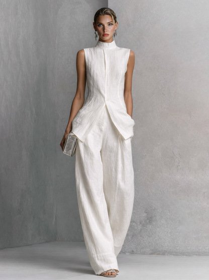 Minimalist Sleeveless High-Neck Top & Wide Leg Pants Set