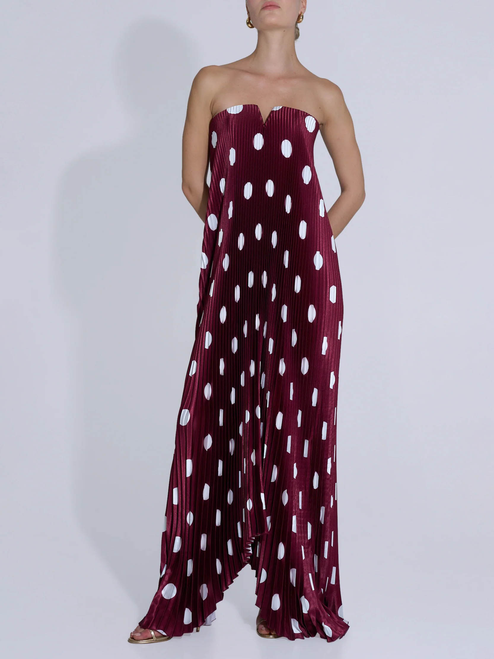 Elegant Strapless Polka Dot Print Pleated Maxi Dress