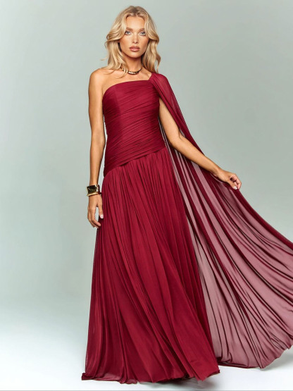 Elegant One-Shoulder Ruched Chiffon Maxi Dress