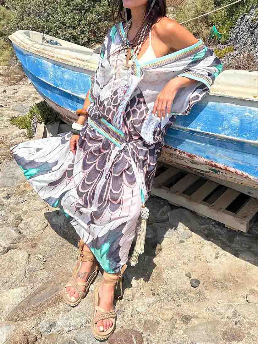 Exquisite Abstract Print V-neck Robe Maxi Dress