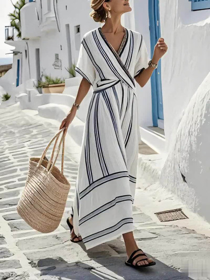 Casual Holiday V-neck Striped Print Maxi Dress
