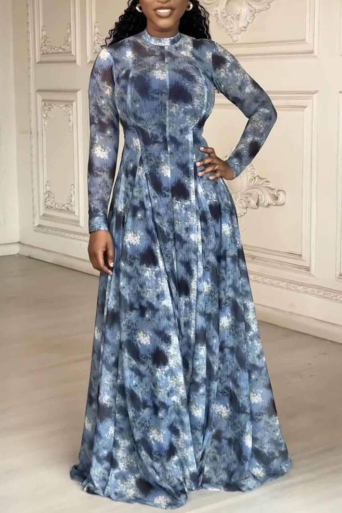 Delicate Abstract Tie-Dye Ruched Maxi Dress