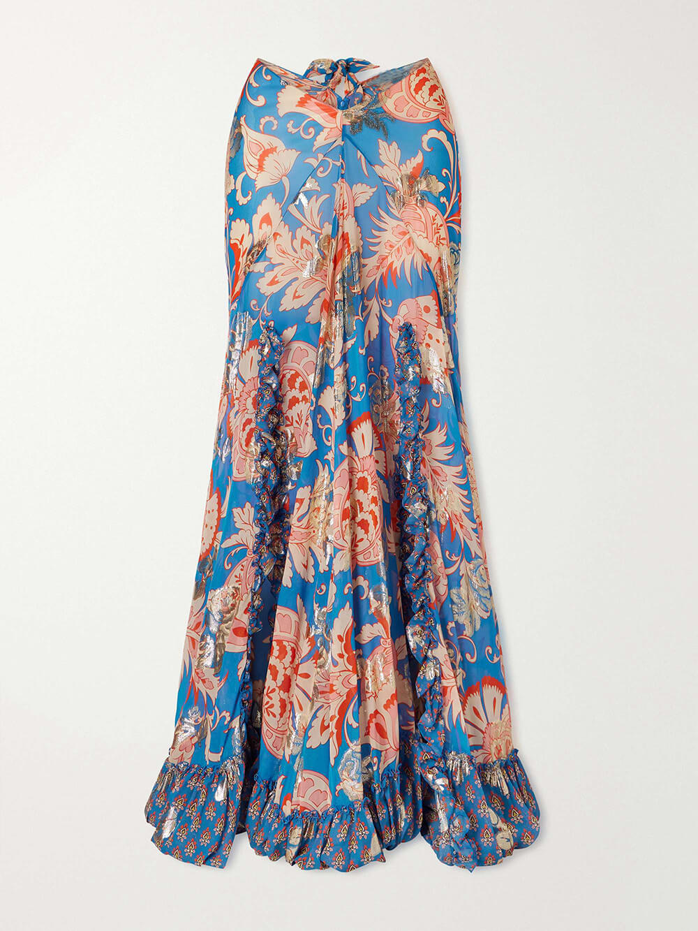 Retro Floral Print Ruffle Slit Maxi Skirt