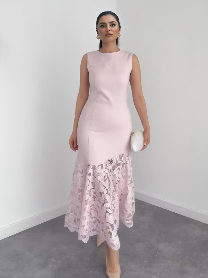 Elegant Sleeveless Lace Hem Mermaid Maxi Dress