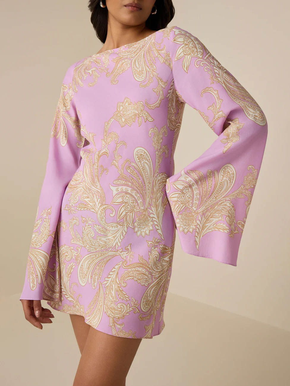 Elegant Bell Sleeve Satin Paisley Print Mini Dress