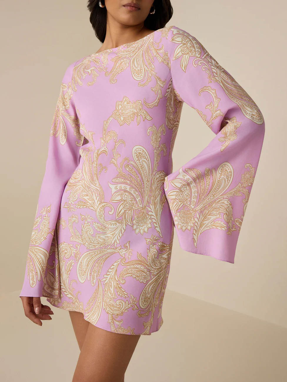 Elegant Bell Sleeve Satin Paisley Print Mini Dress