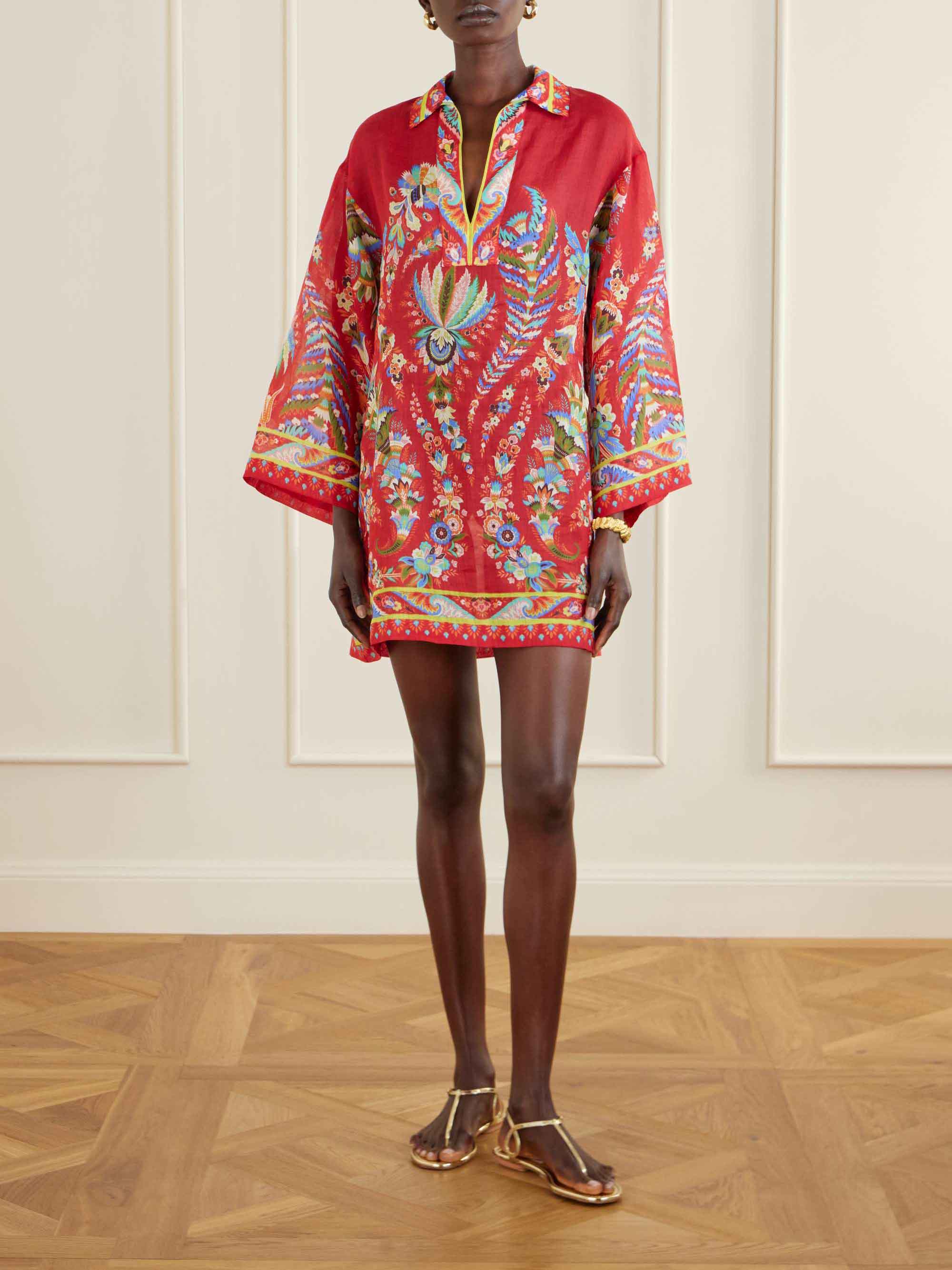 Exquisite Paisley Print V-Neck Kaftan Mini Dress