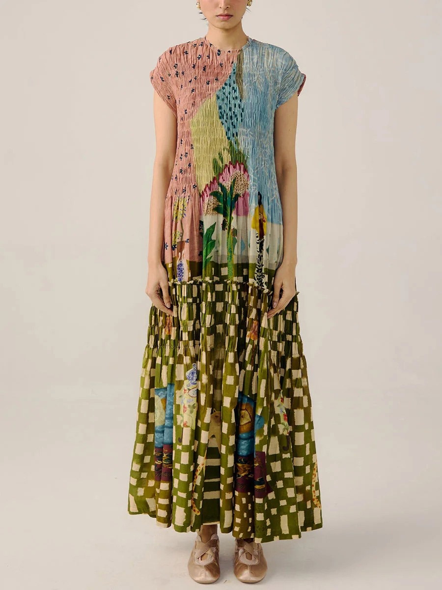 Retro Pleated Print Maxi Dress