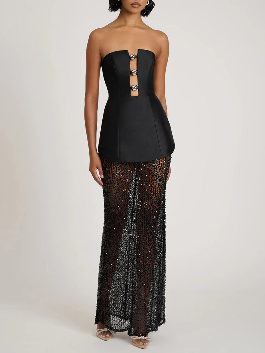 Elegant Bandeau Neck Sequined Maxi Dress