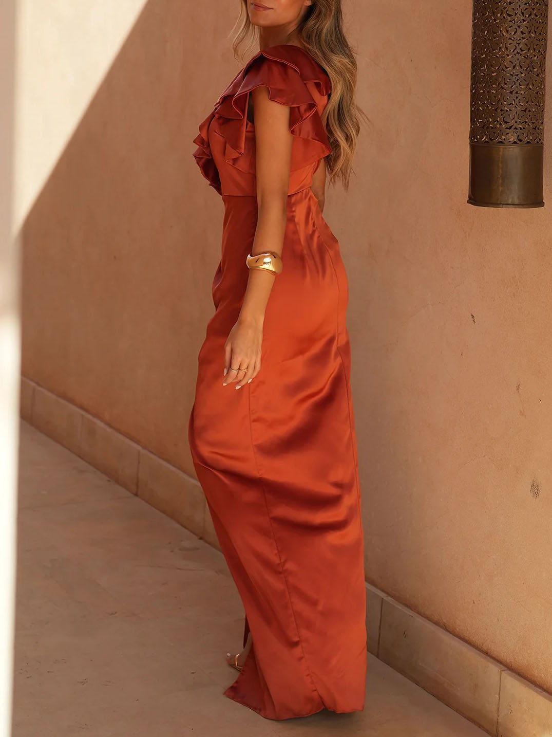 Elegant One-Shoulder Tiered Ruffle Gown Maxi Dress