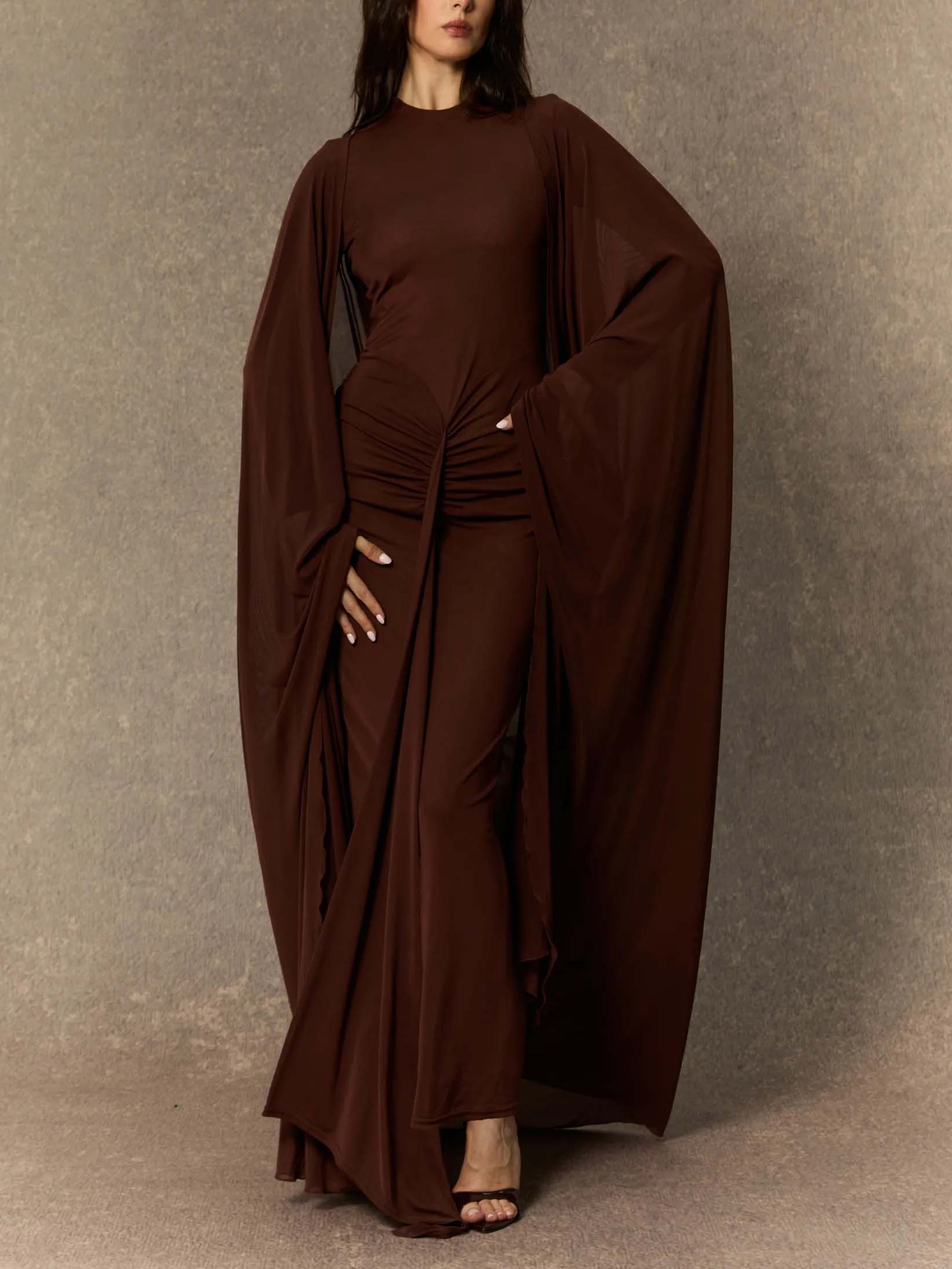 Elegant Pleated Flowing Shawl Two-piece Maxi Dress