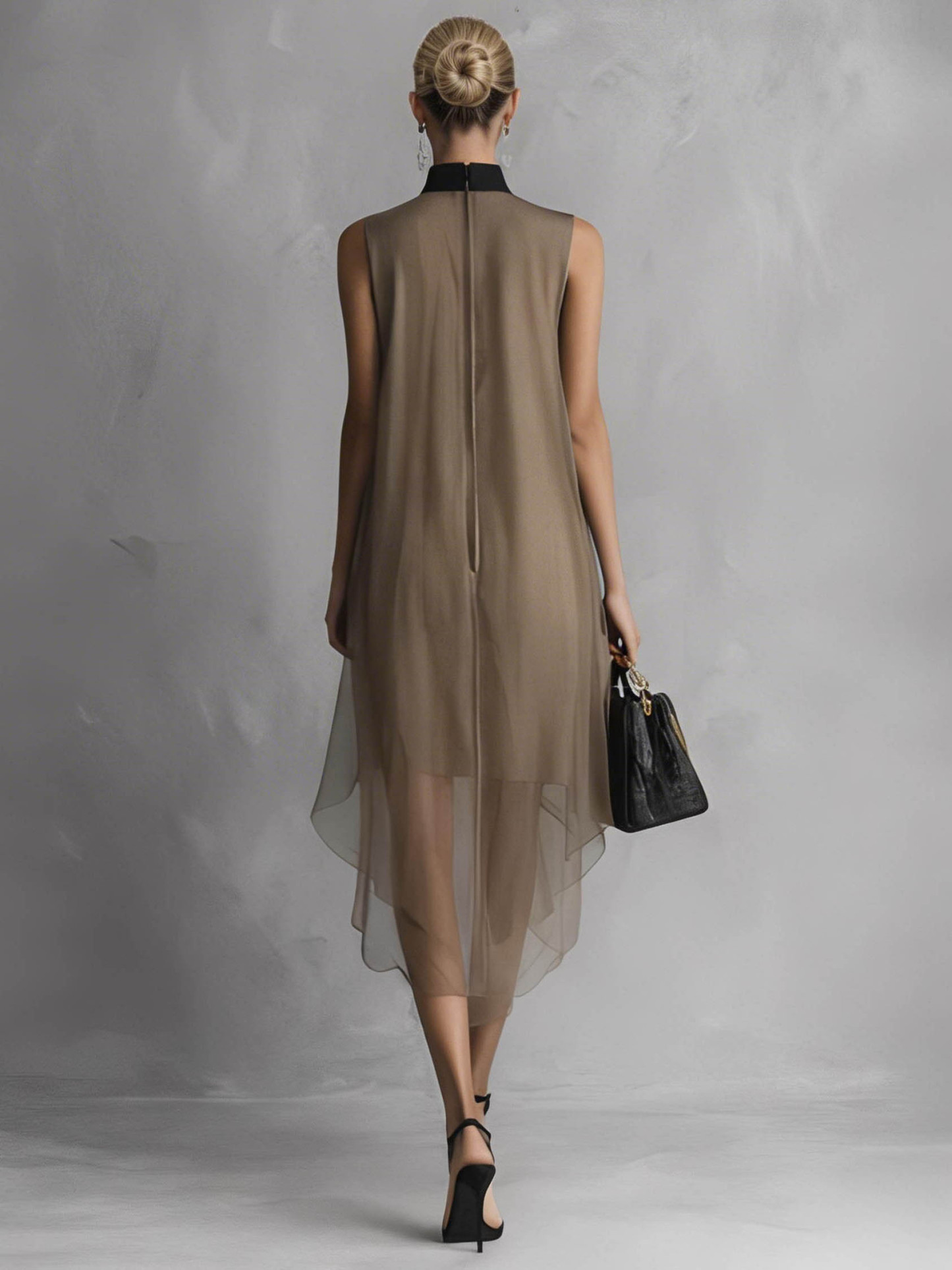 Elegant Sleeveless Asymmetric Sheer Chiffon Midi Dress