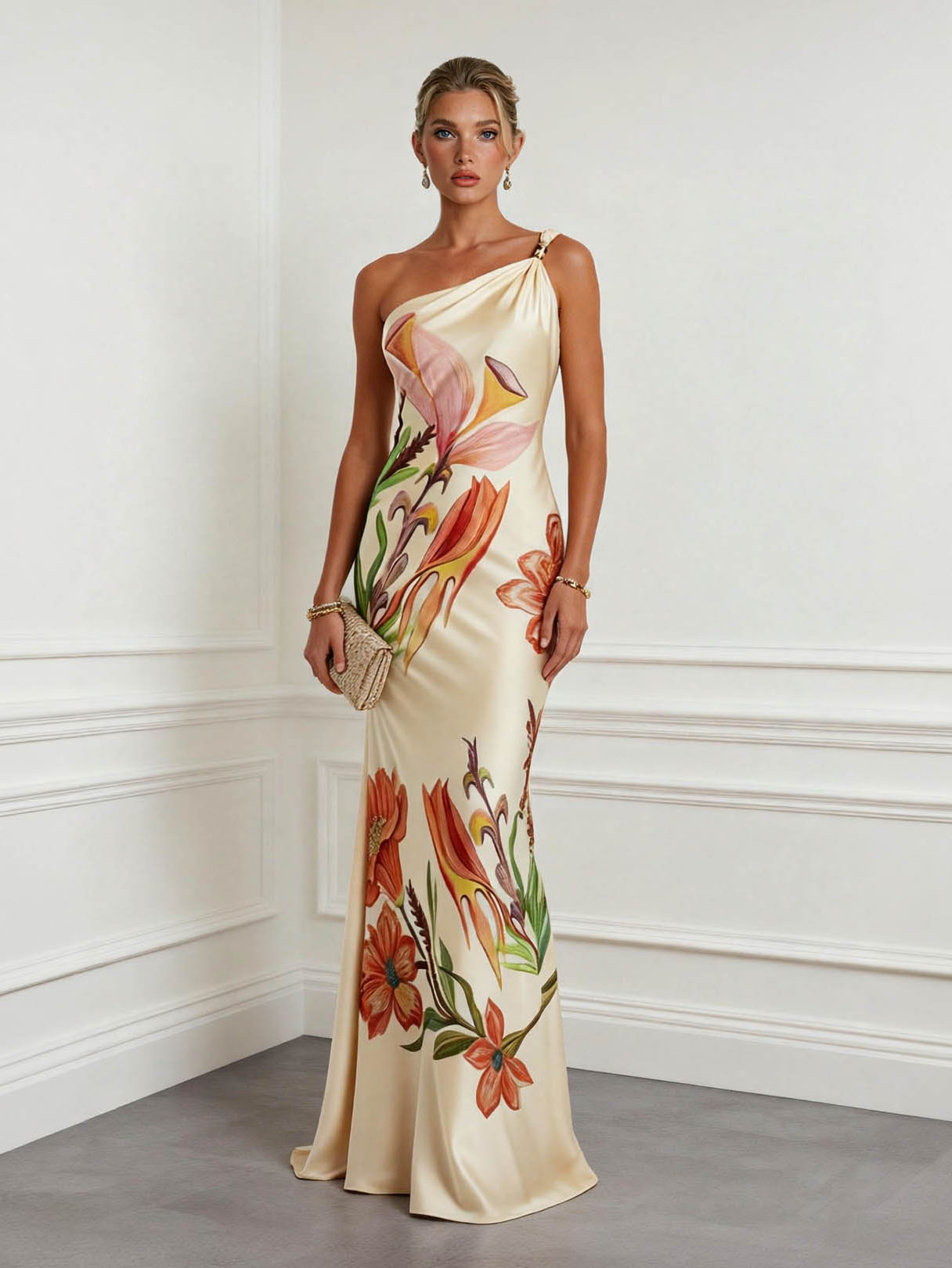 Elegant One-Shoulder Floral Print Satin Maxi Dress