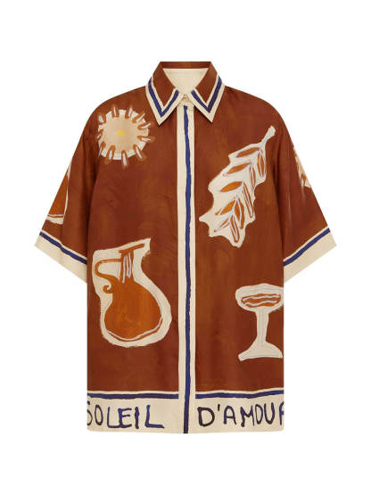 Unique Satin Art Pattern Printed Stand Collar Loose Button Shirt