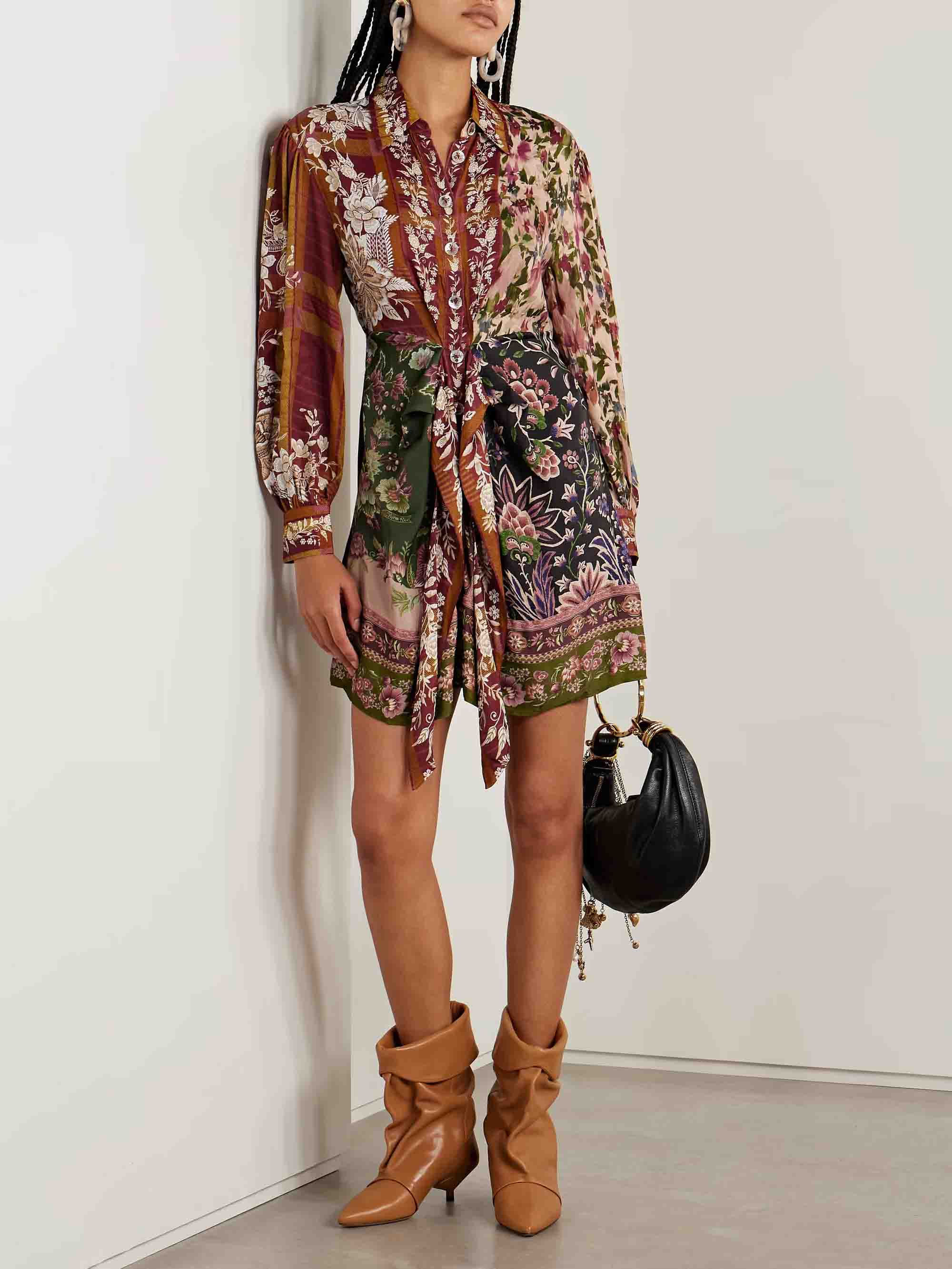 Retro Floral Print Tie Shirt Mini Dress
