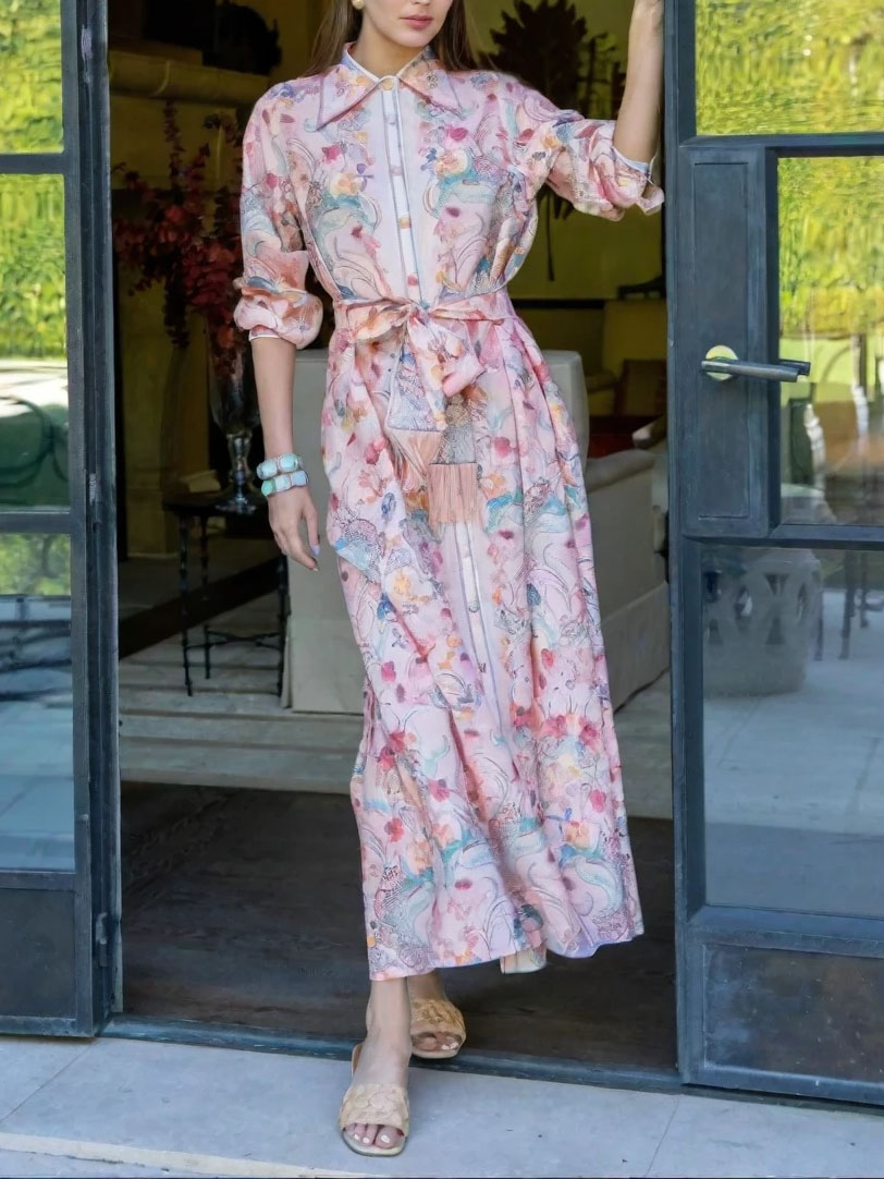 Exquisite Pastel Print Tie-Front Shirt Maxi Dress