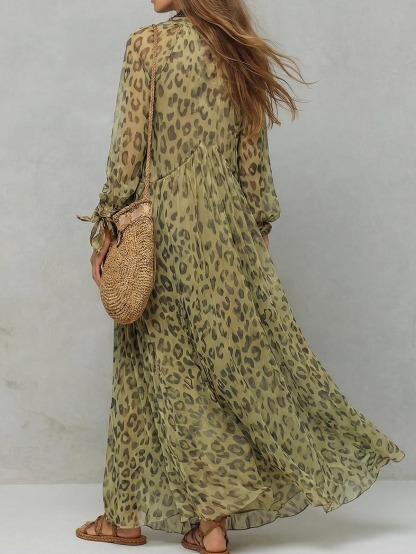 Casual Leopard Print Flowy Chiffon Maxi Dress