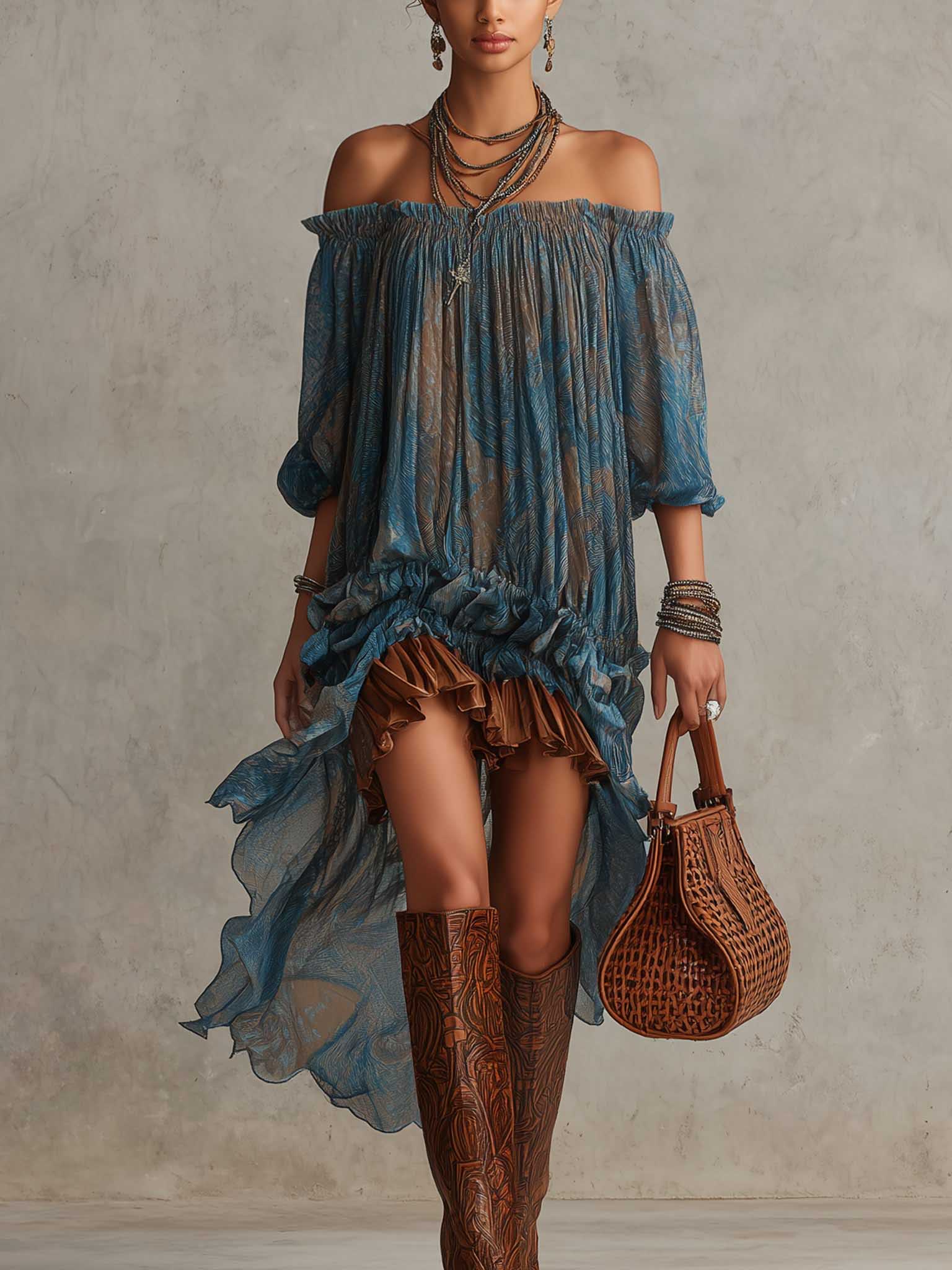 Bohemian Off-Shoulder Ruffled Sheer High-Low Midi Dress