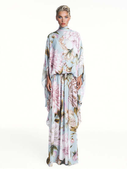 Exquisite Watercolor Floral Print Draped Chiffon Maxi Dress