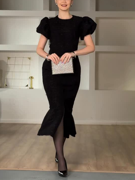 Elegant Puff Sleeve Fishtail Slit Bodycon Maxi Dress