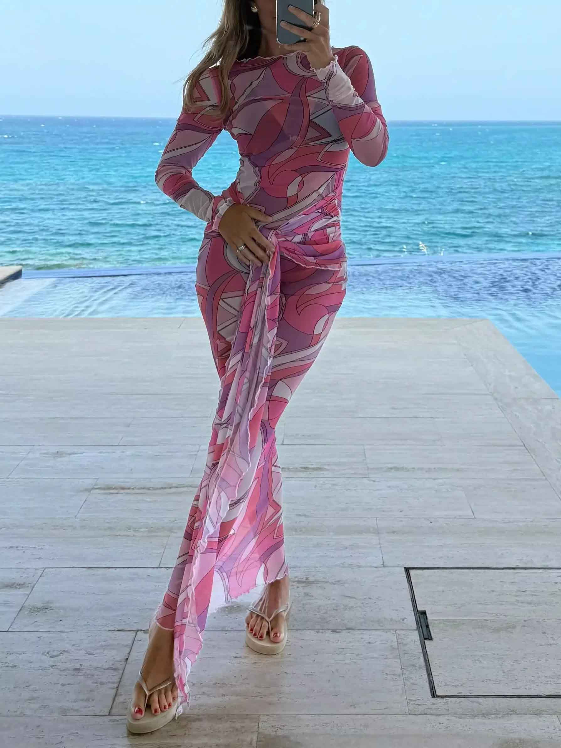 Unique Abstract Geometric Print Mesh Lace-up Maxi Dress