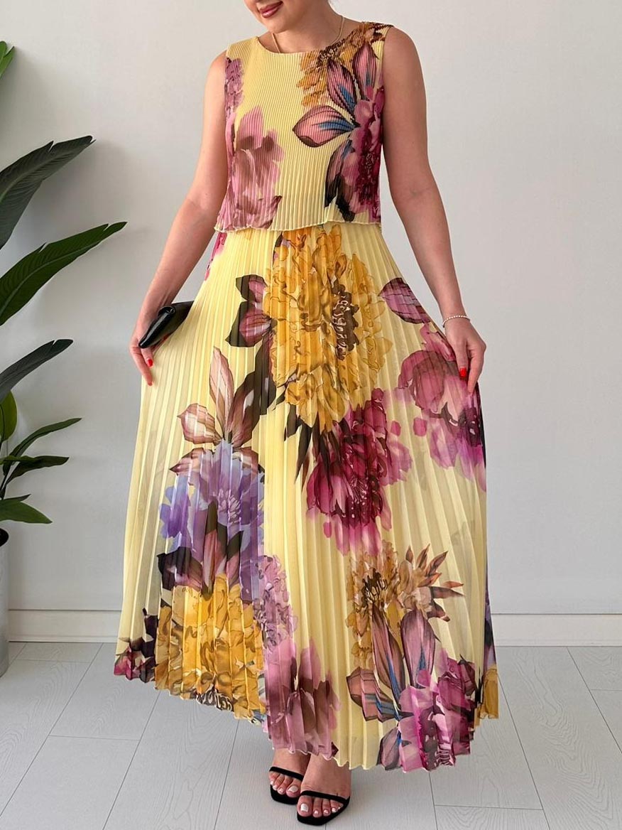 Elegant Double-layered Pleated Chiffon Printed Maxi Dress