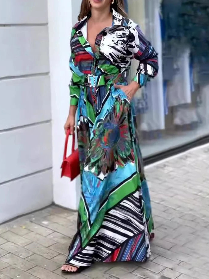 Abstract Print Belted Long Sleeve Slit Maxi Dress