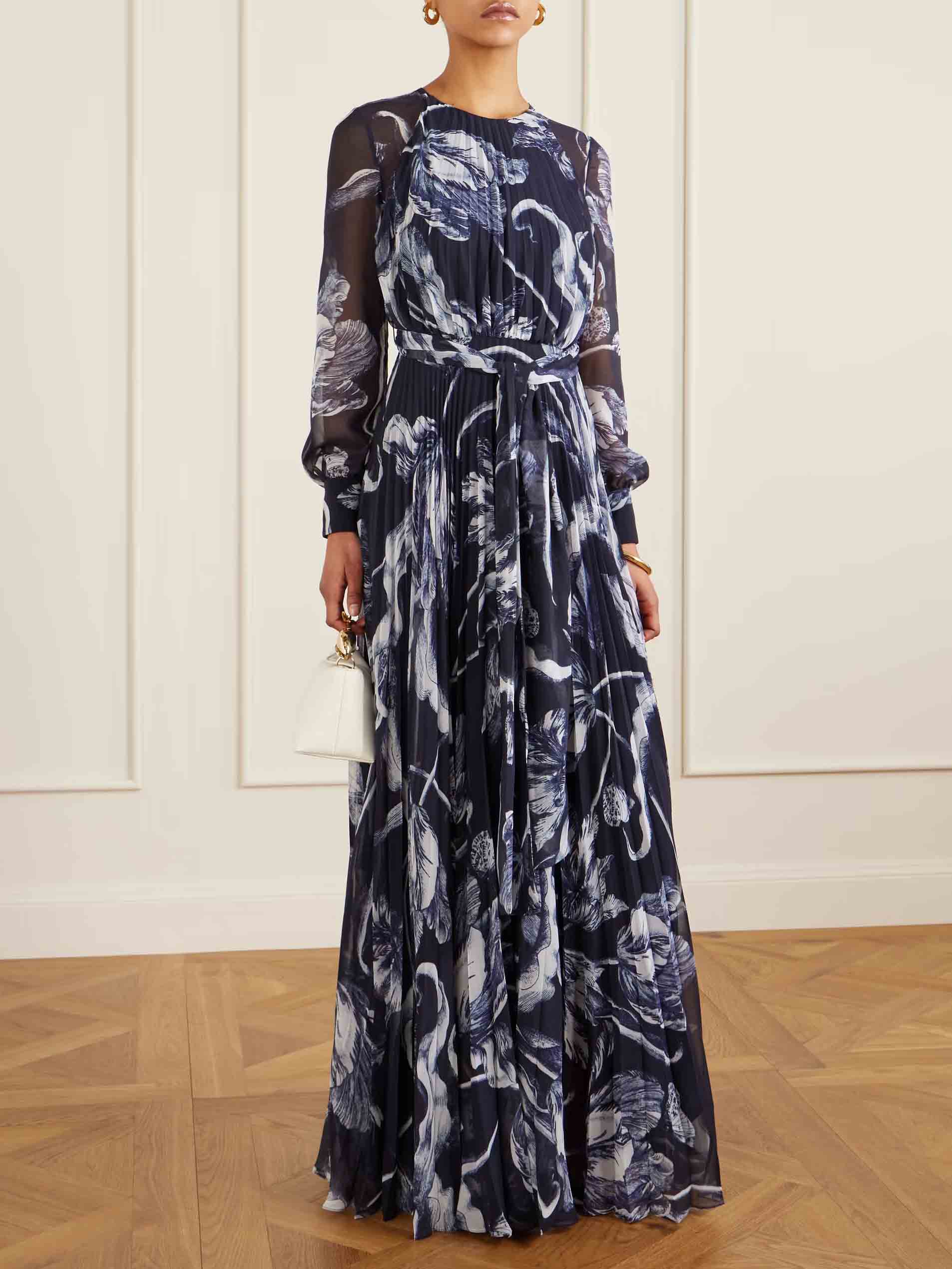 Elegant Botanical Print Tie-waist Pleated Maxi Dress