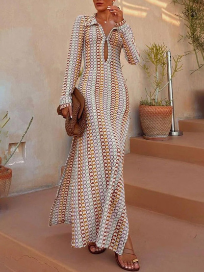 Casual Shirt Collar Slit Wave Stripe Crochet Holiday Maxi Dress