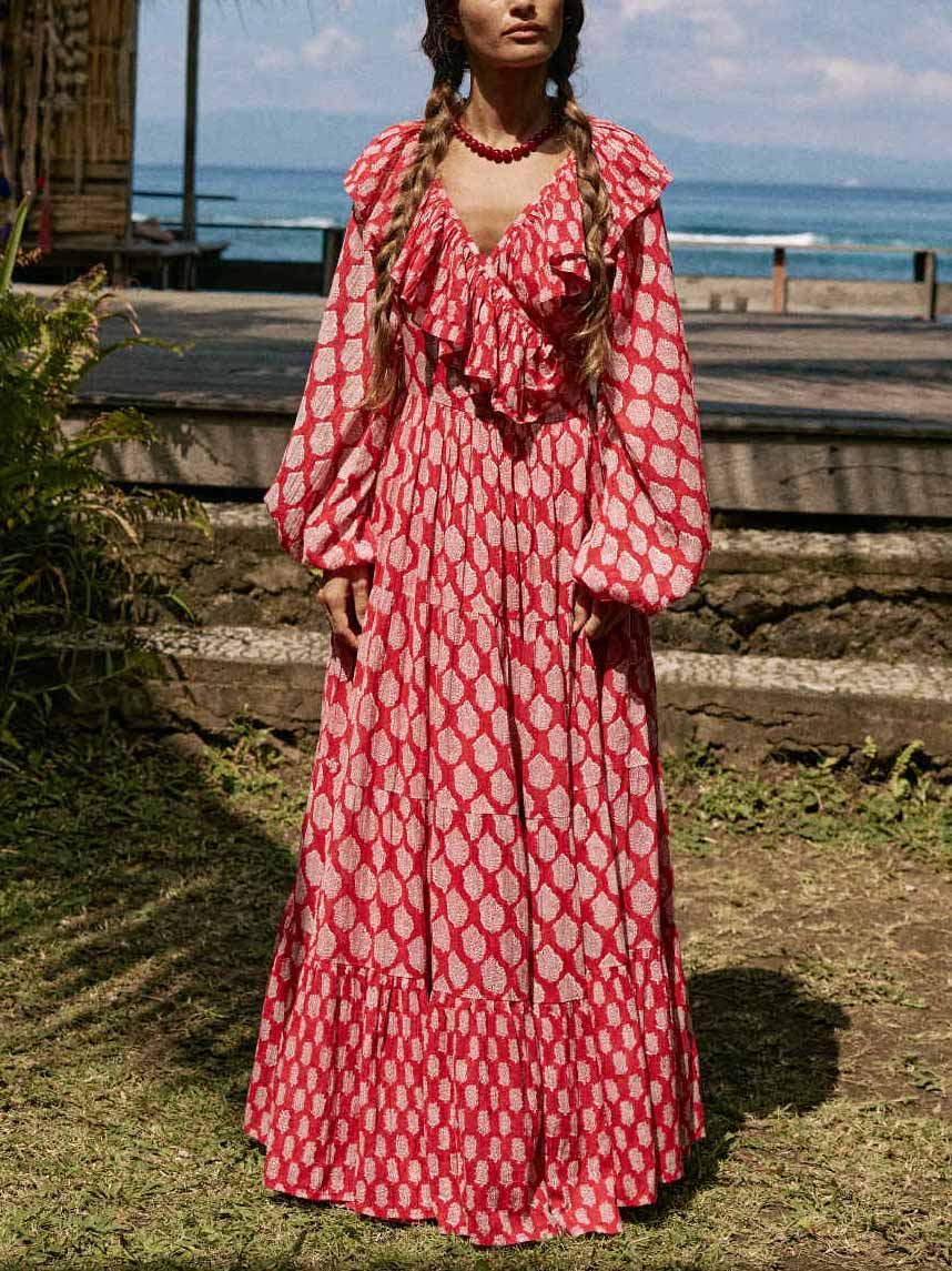 Retro Geometric Print Tiered Bohemian Beach Maxi Dress