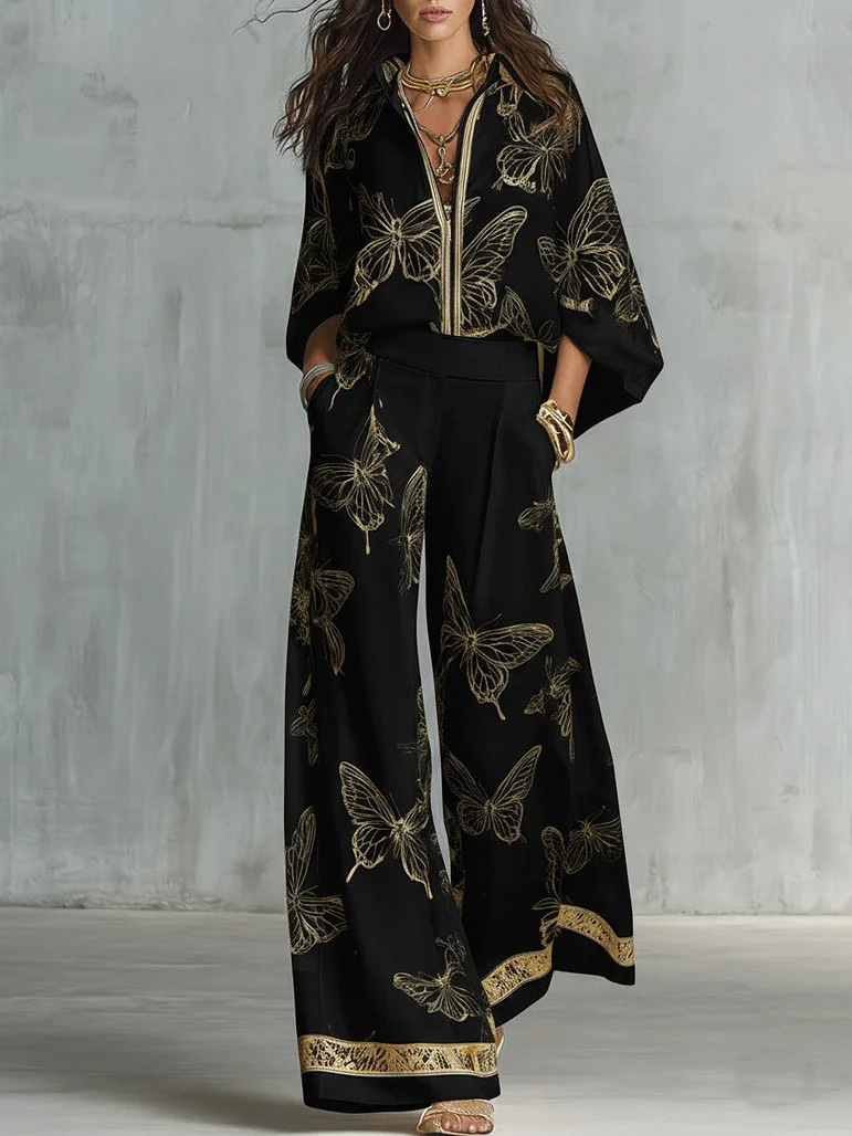 Elegant Butterfly Print Zip-Up Top & Wide Leg Pants Set