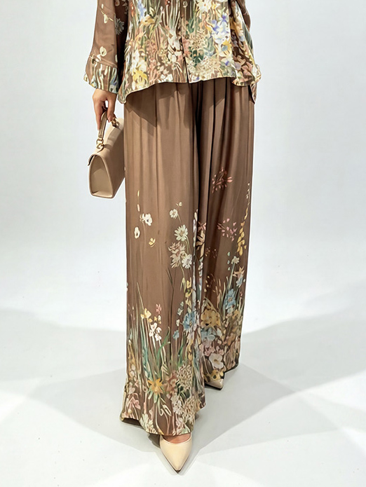 Elegant Floral Print Satin Wide Leg Pants