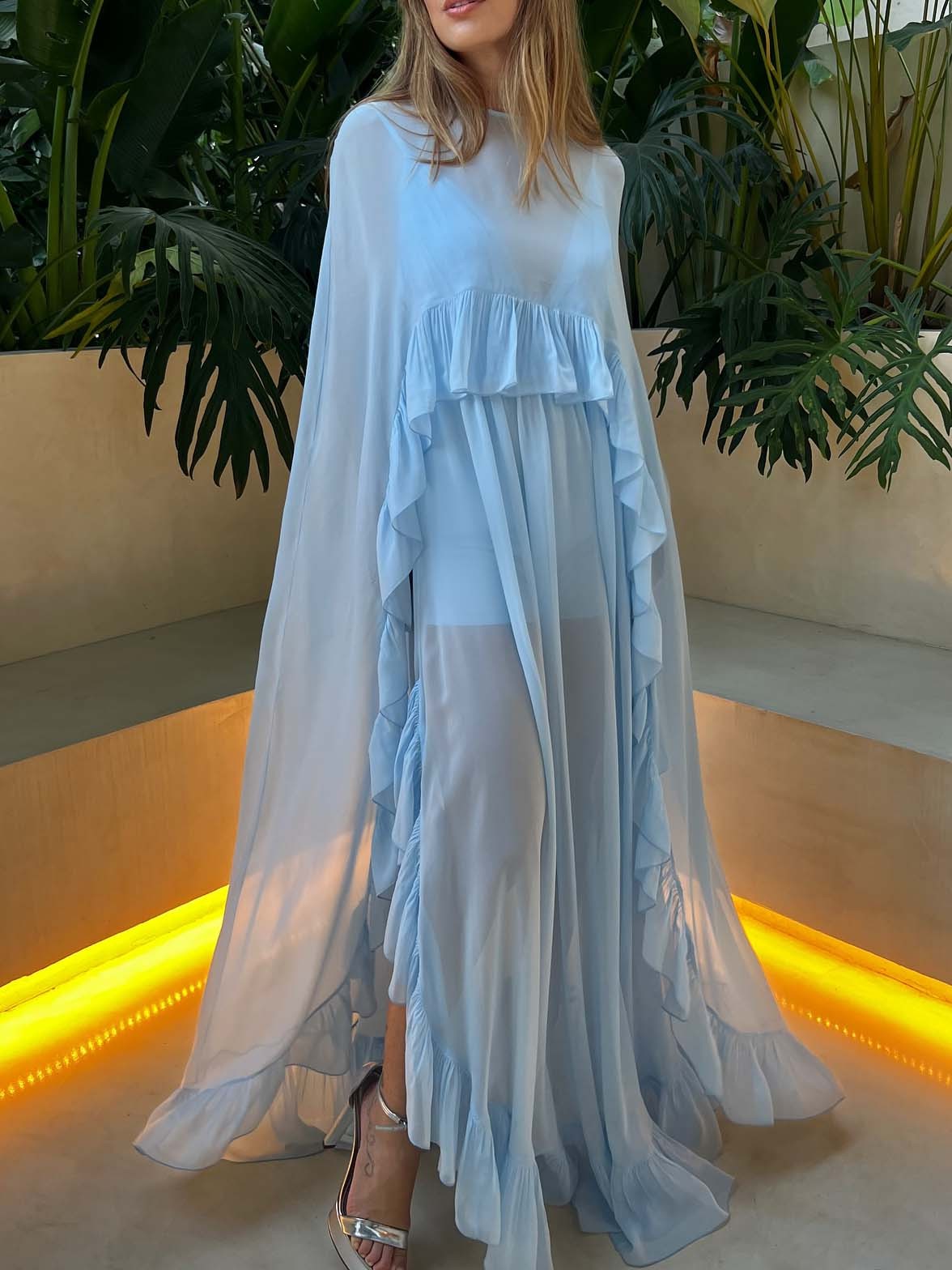 Elegant V-neck Side Slit Ruffled Chiffon Flowy Maxi Dress