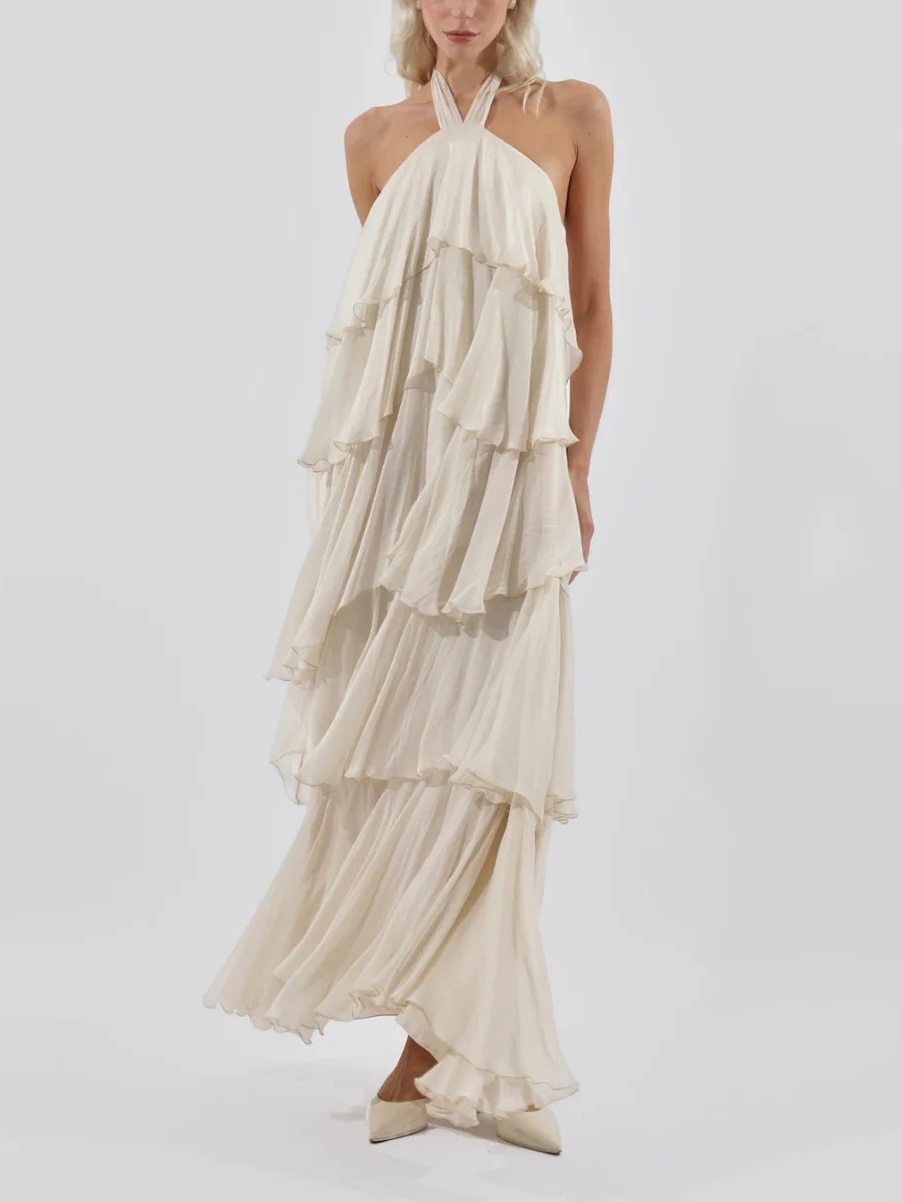 Elegant Halterneck Ruffled Tiered Maxi Dress