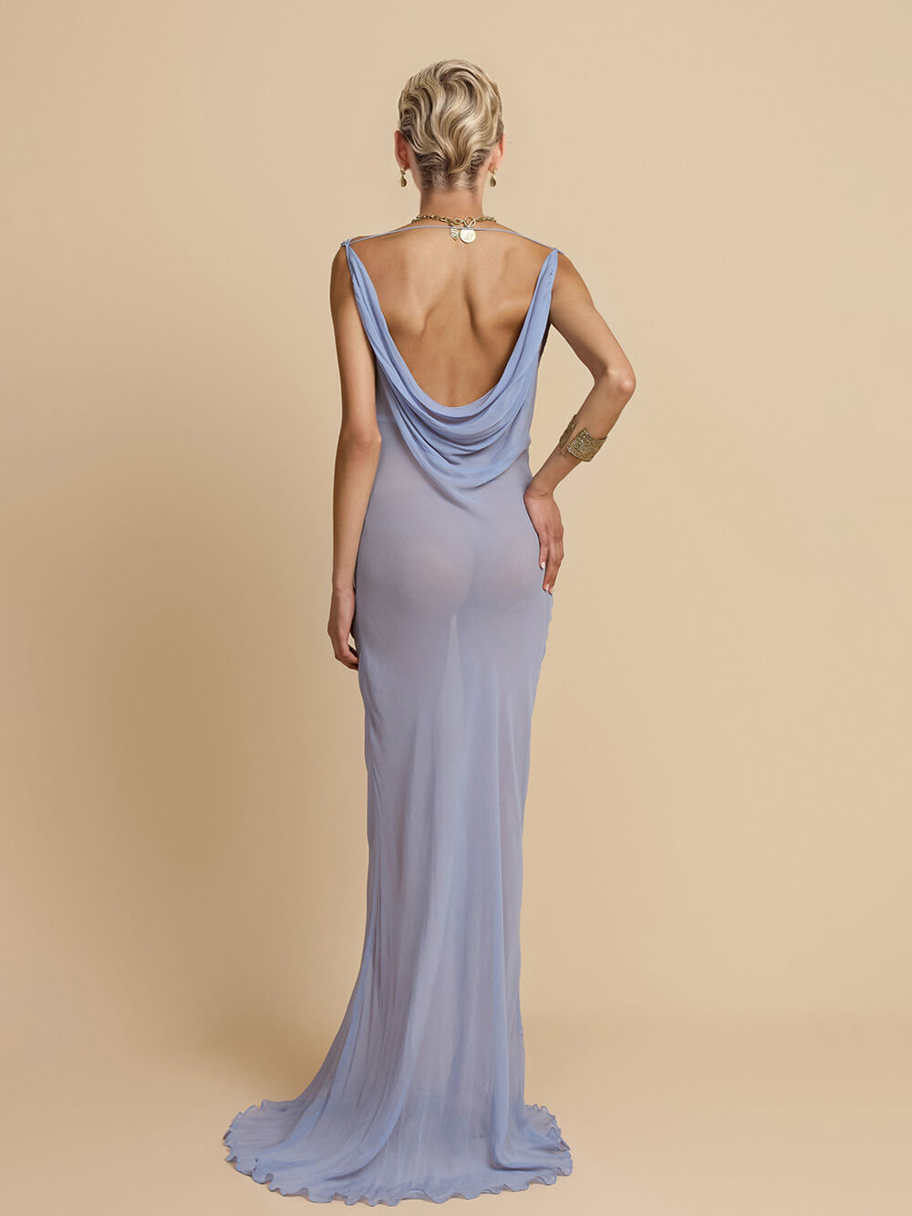 Fashion Mesh Sexy Off-Shoulder Ruched Maxi Dress