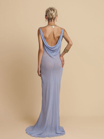 Fashion Mesh Sexy Off-Shoulder Ruched Maxi Dress