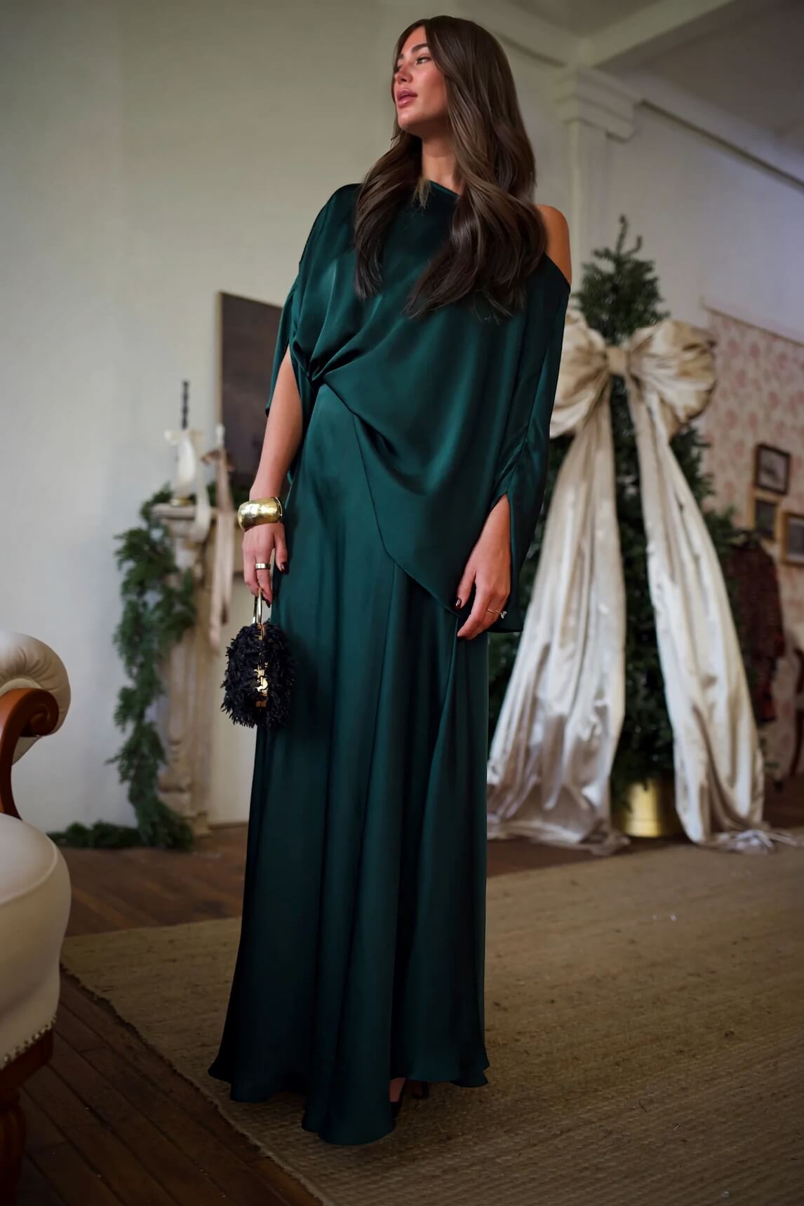 Exquisite Satin Pleated Shirt and High-Waist Maxi Skirt Set