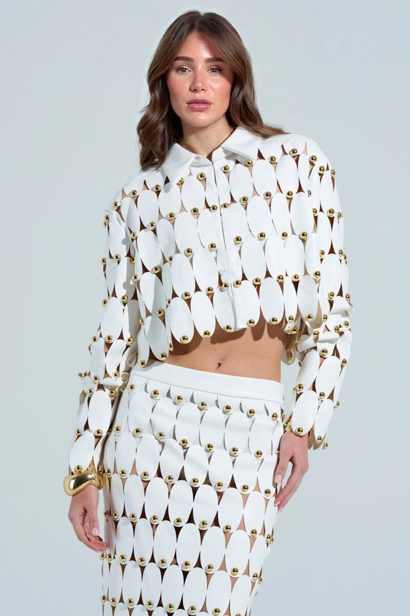 Exquisite Cut-Out Studded PU Cropped Cardigan Top And Maxi Skirt Set